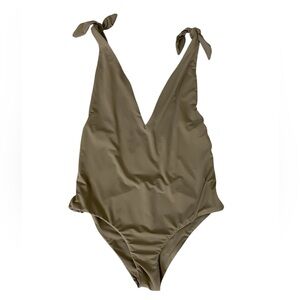 KIKIRIO Inka Bow One Piece Swimsuit Deep V Neck Open Back Tan Small